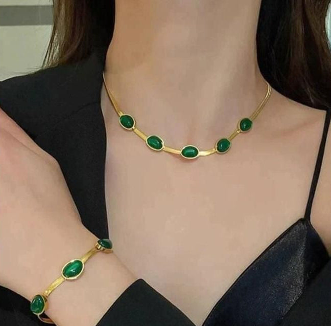 Emerald Glow Gold-Plated Necklace & Bracelet Set
